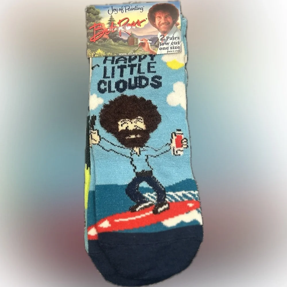 Bob Ross Happy Little Clouds Low Cut Socks | 2 Pairs | NWT | O/S Unisex Adult